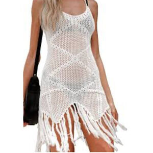 Endless Blu White Crochet Fringe Cover Up Boho Festival Beach Dress Size M